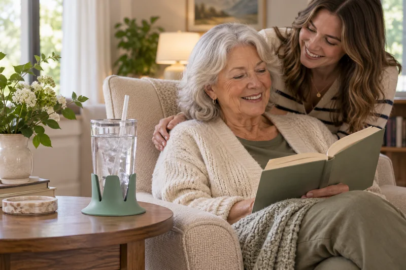Older woman happily reading beside adult granddaughter water glass on reachable broad side table at her favorite chair. AI lifestyle illustration.