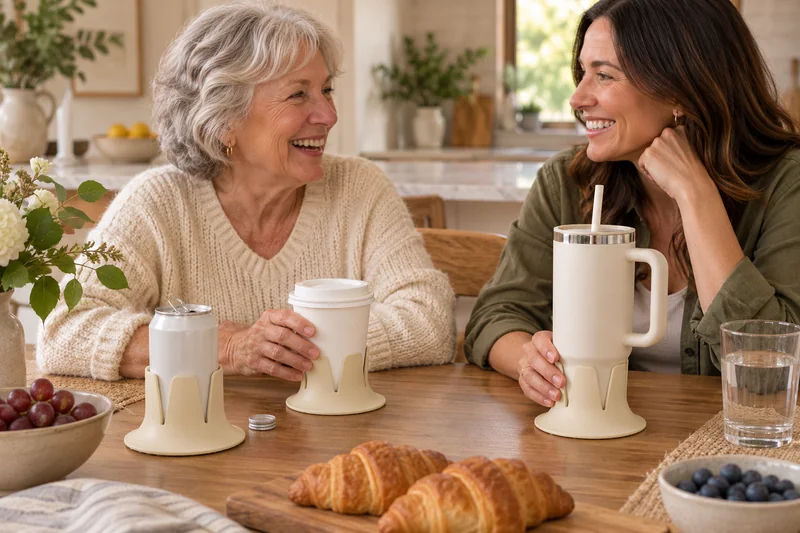 Grandmother and adult daughter enjoying kitchen conversation paper coffee on broad dining table. AI lifestyle illustration.