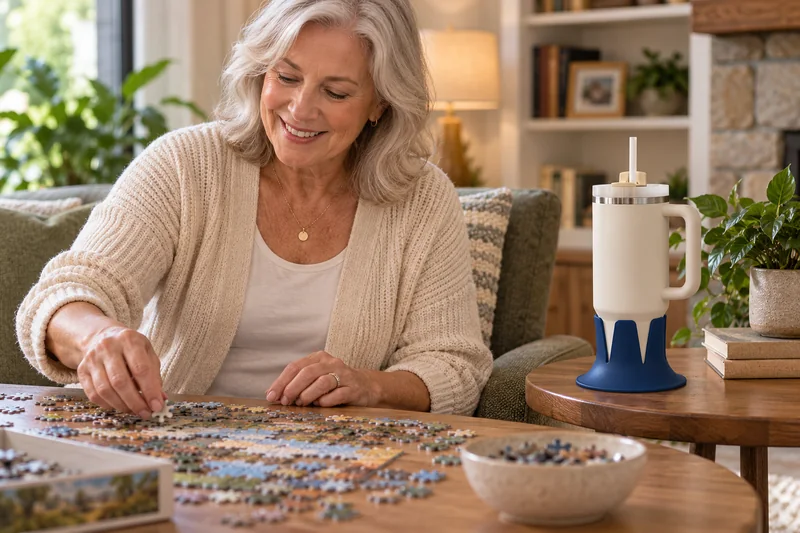 Older woman working jigsaw puzzle with straw tumbler on separate side table easy natural reach no medical scene. AI lifestyle illustration.