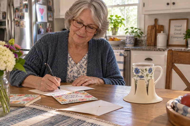Older adult writing birthday card at kitchen table with open high-handled tea mug in Steadi on clear comfortable tabletop spot away from stationery reach. AI illustration.