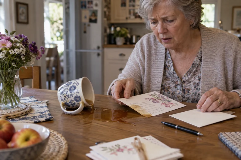 Reaching for envelope nudges tea; it soaks handwritten card corner. AI illustration.